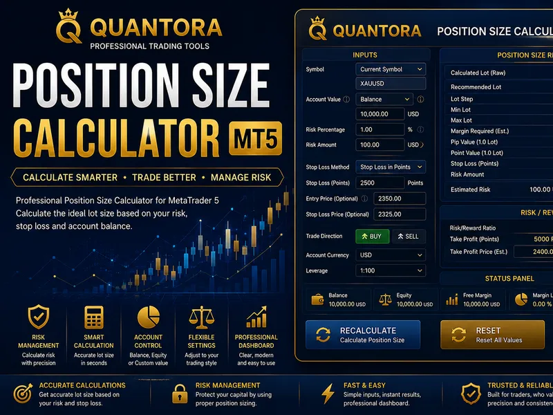 Quantora Position Size Calculator MT5: Professional Risk-Based Lot Size Calculation expert MT5