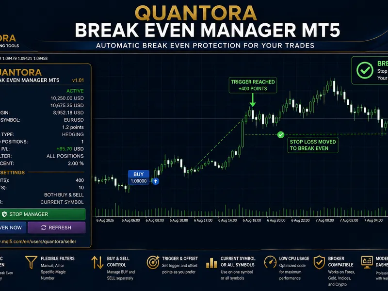 Quantora Break Even Manager MT5 - Automated Stop Loss Protection expert MT5