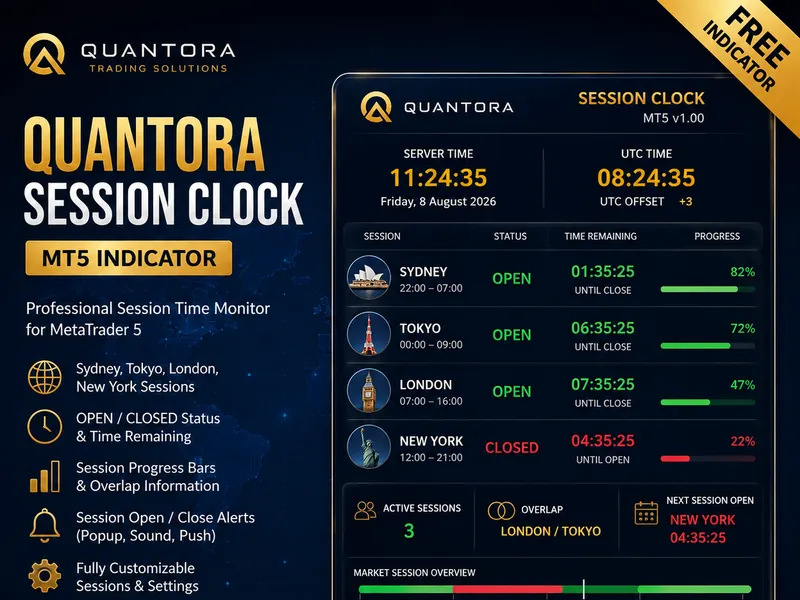 Quantora Session Clock MT5 - Professional Forex Trading Session Monitor Metatrader 5 indicator