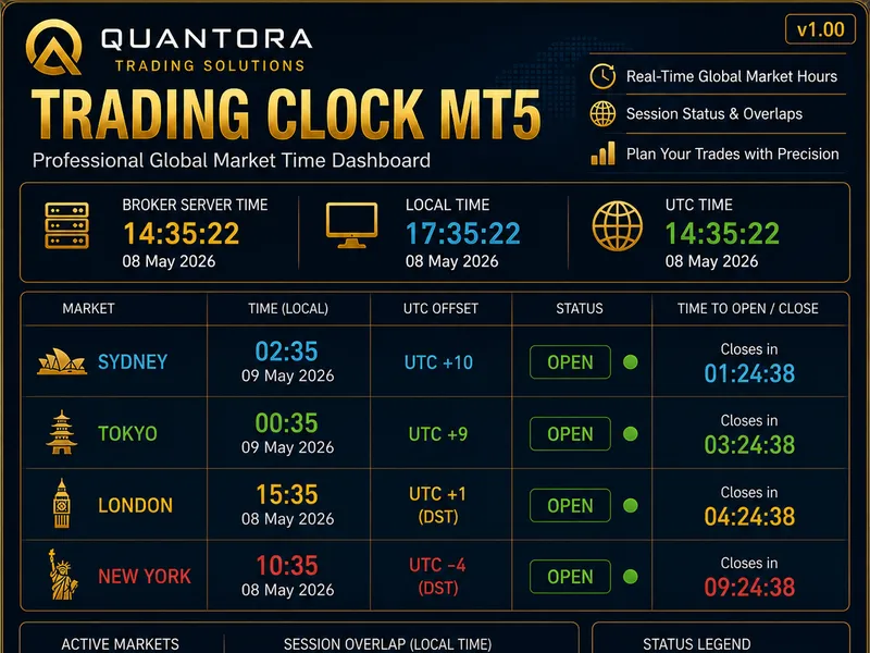 Quantora Trading Clock MT5 - Professional Global Market Time Dashboard Metatrader 5 indicator