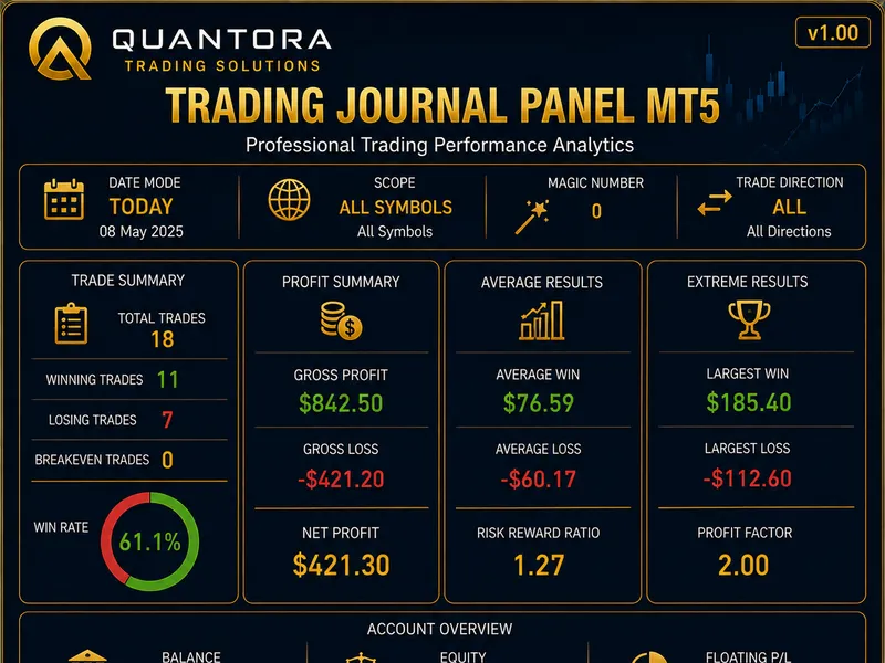 Quantora Trading Journal Panel MT5 - Professional Daily Trading Performance Analyzer Metatrader 5 indicator