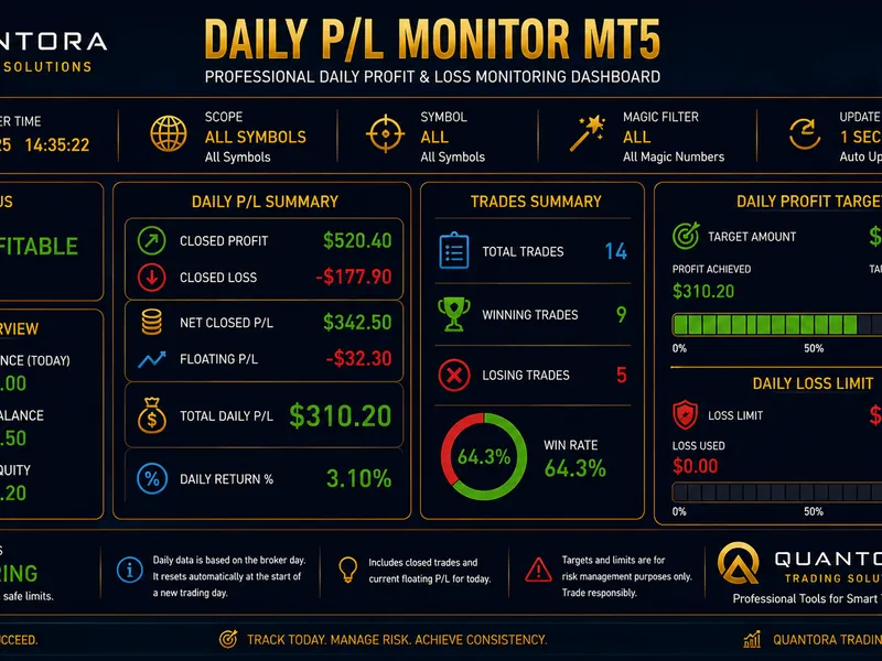 Quantora Daily Profit Loss Monitor MT5 - Professional Trading Performance Dashboard Metatrader 5 indicator