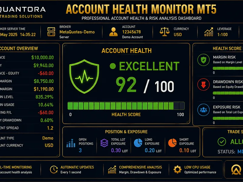 Quantora Account Health Monitor MT5 - Professional Account Health and Risk Monitor Metatrader 5 indicator