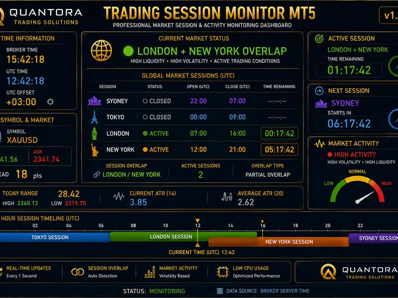 Quantora Trading Session Monitor MT5 - Professional Market Session and Activity Monitor Metatrader 5 indicator