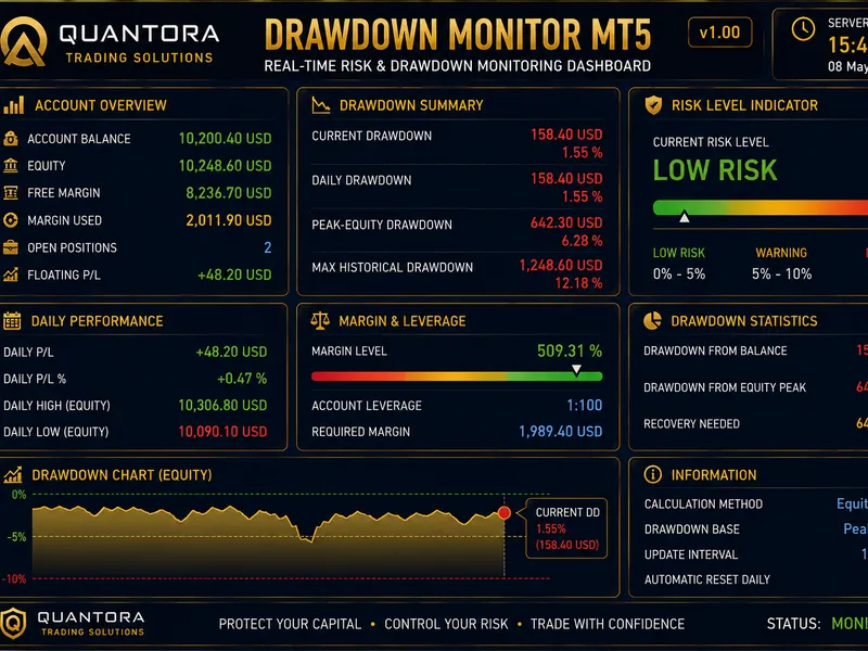 Quantora Drawdown Monitor MT5: Professional Account Risk and Drawdown Dashboard Metatrader 5 indicator